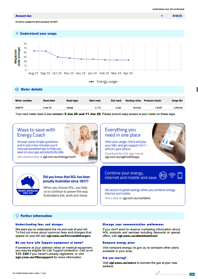 download Australia AGL Gas utility bill template in Word and PDF formats, 3 pages, 3rd page PDF template